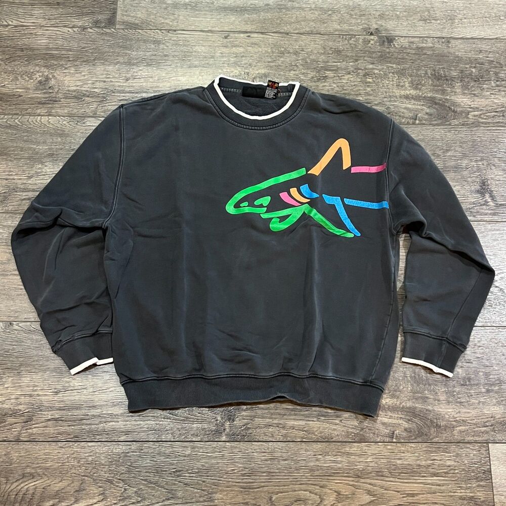 Vintage 90s Greg Norman Shark Logo Wraparound Sweatshirt Faded Black - Men's XL